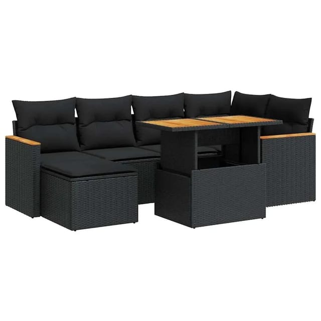 vidaXL 7-Tlg Garten-Sofagarnitur mit Kissen Schwarz Poly Rattan 3327506