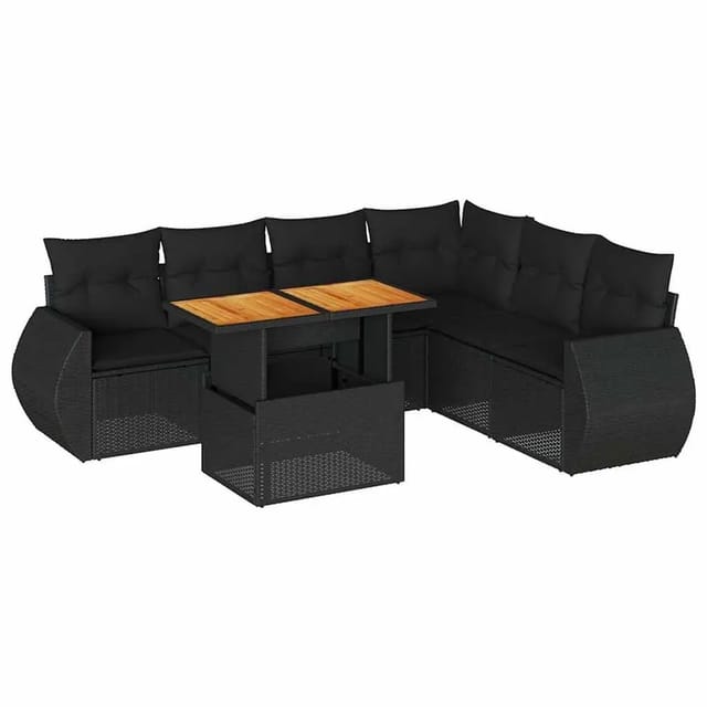 vidaXL 7-Tlg Garten-Sofagarnitur mit Kissen Schwarz Poly Rattan 3327268