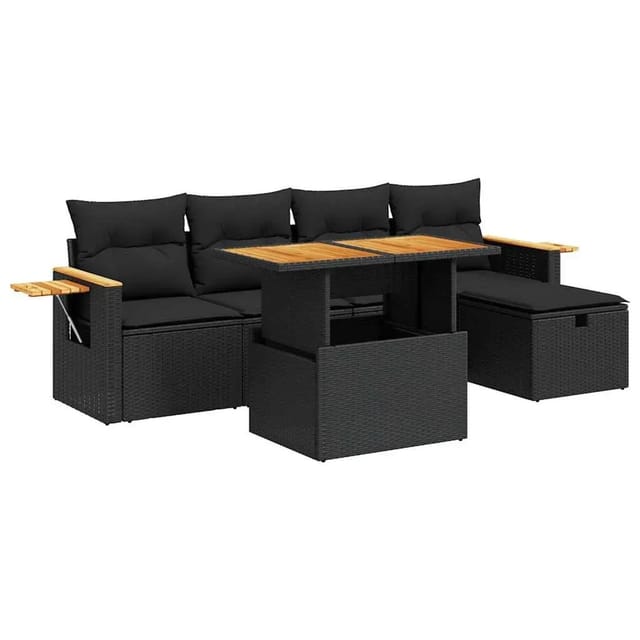vidaXL 6-Tlg Garten-Sofagarnitur mit Kissen Schwarz Poly Rattan 3328126