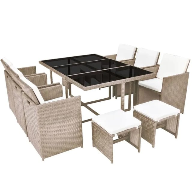 vidaXL 11-Tlg Garten-Essgruppe mit Auflagen Poly Rattan Beige 42557
