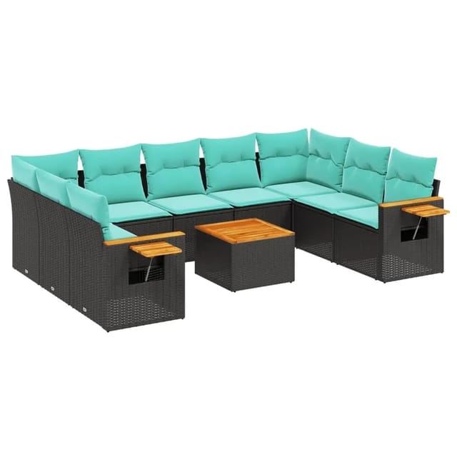 vidaXL 10-Tlg Garten-Sofagarnitur mit Kissen Schwarz Poly Rattan 3227121