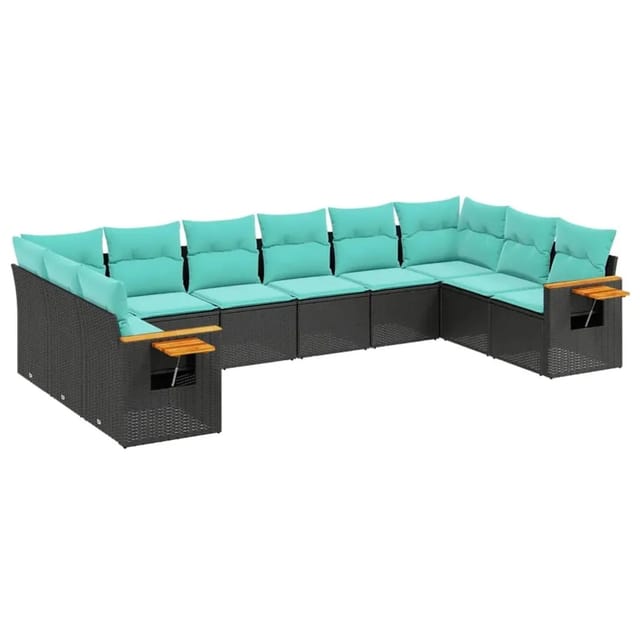 vidaXL 10-Tlg Garten-Sofagarnitur mit Kissen Schwarz Poly Rattan 3227163