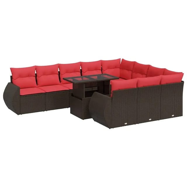 vidaXL 11-Tlg Garten-Sofagarnitur mit Kissen Braun Poly Rattan Akazie 3326715