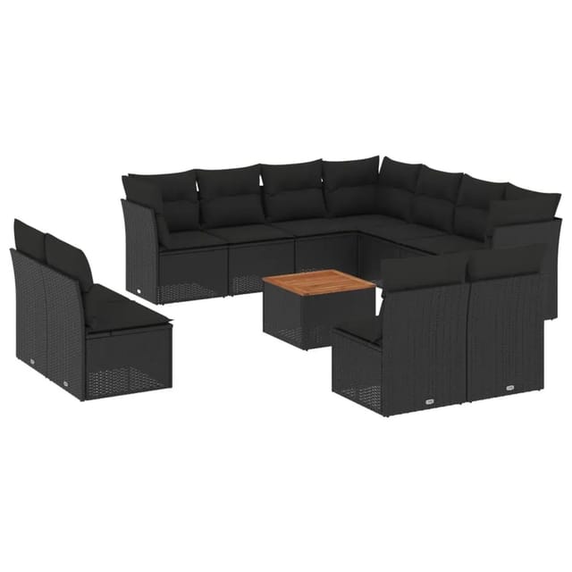 vidaXL 12-Tlg Garten-Sofagarnitur mit Kissen Schwarz Poly Rattan 3256034
