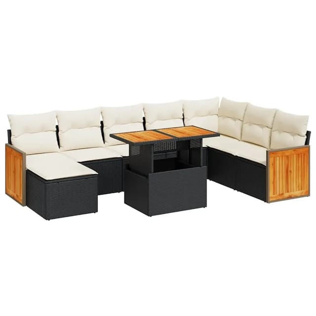 vidaXL 9-Tlg Garten-Sofagarnitur mit Kissen Schwarz Poly Rattan 3327745