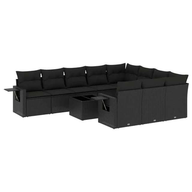 vidaXL 11-Tlg Garten-Sofagarnitur mit Kissen Schwarz Poly Rattan 3220694