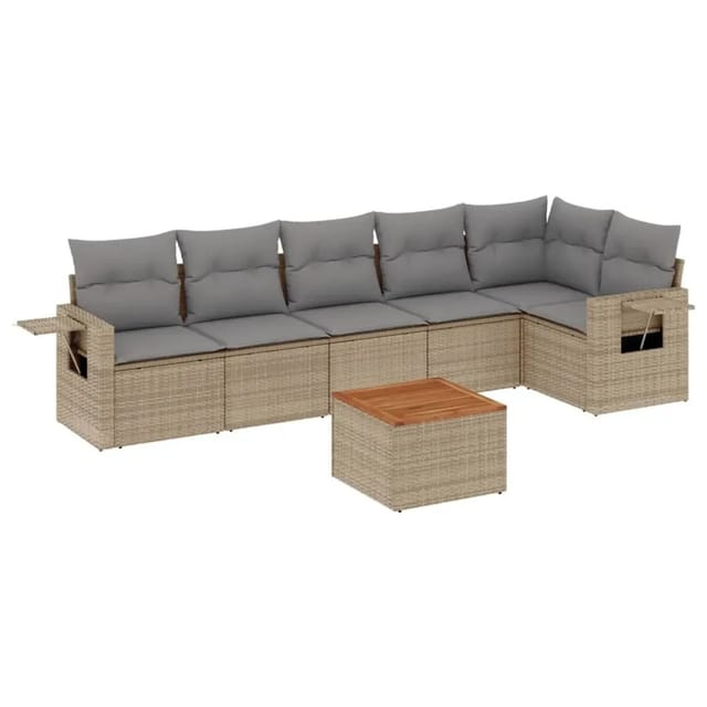 vidaXL 7-Tlg Garten-Sofagarnitur mit Kissen Beige Poly Rattan 3256906