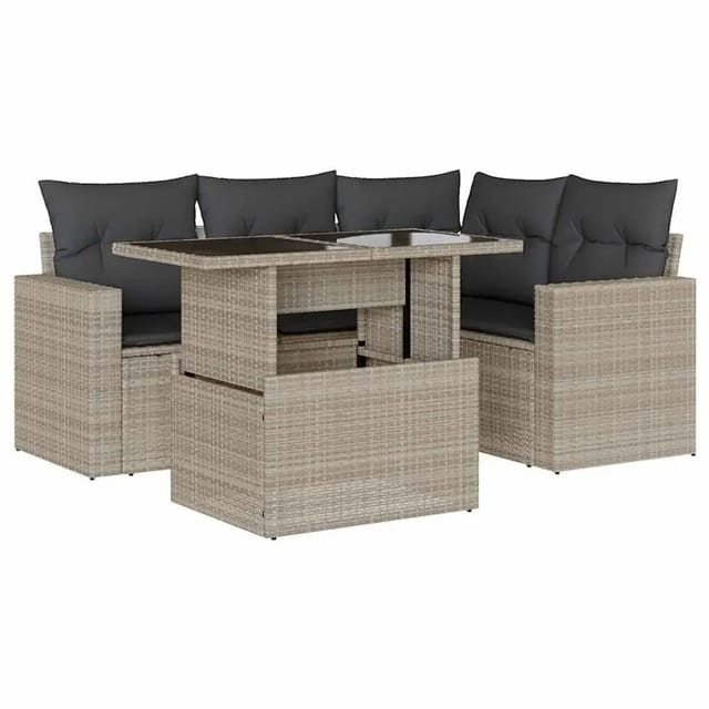 vidaXL 5-Tlg Garten-Sofagarnitur mit Kissen Hellgrau Poly Rattan 3267252