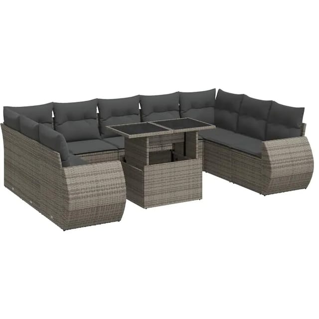 vidaXL 10-Tlg Garten-Sofagarnitur mit Kissen Grau Poly Rattan 3326701