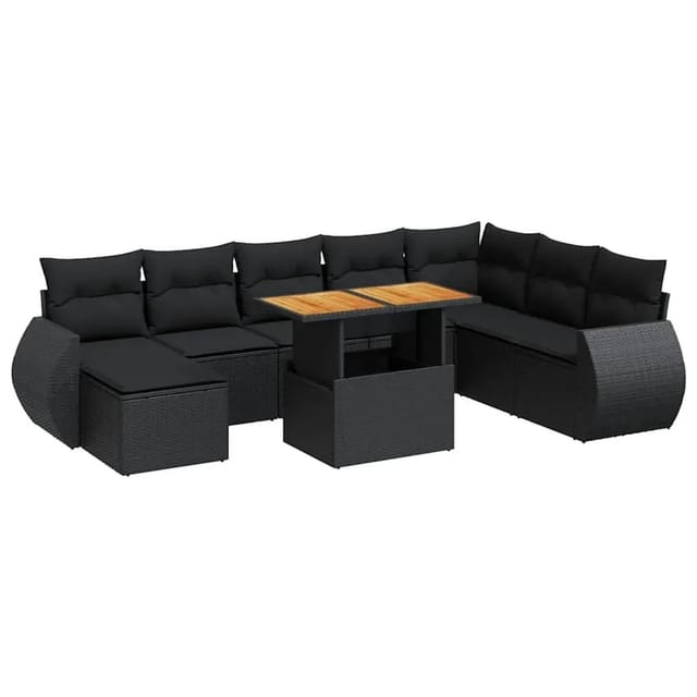 vidaXL 9-Tlg Garten-Sofagarnitur mit Kissen Schwarz Poly Rattan 3327296