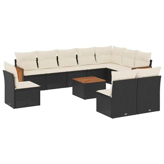 vidaXL 11-Tlg Garten-Sofagarnitur mit Kissen Schwarz Poly Rattan 3260159