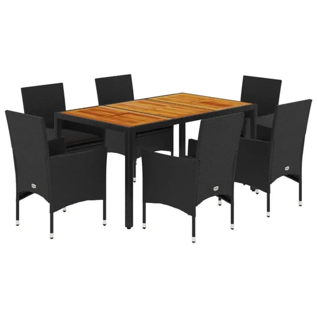 vidaXL 7-Tlg Garten-Essgruppe mit Kissen Schwarz Poly Rattan Akazie 3278672
