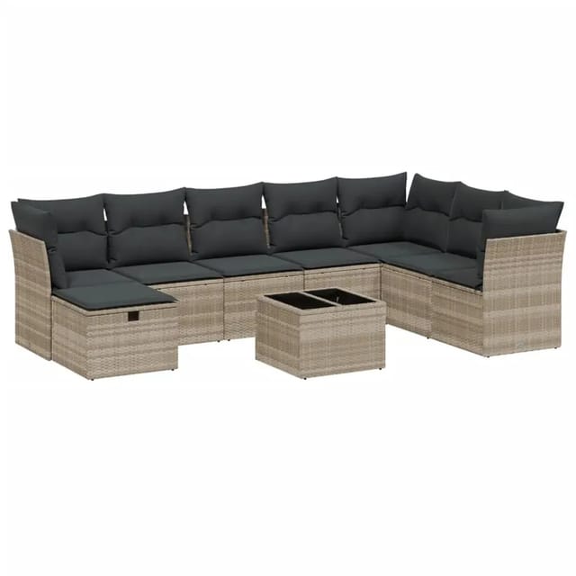 vidaXL 9-Tlg Garten-Sofagarnitur mit Kissen Hellgrau Poly Rattan 3263288