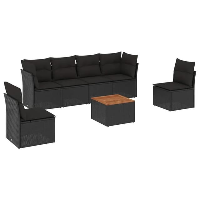 vidaXL 7-Tlg Garten-Sofagarnitur mit Kissen Schwarz Poly Rattan 3255880