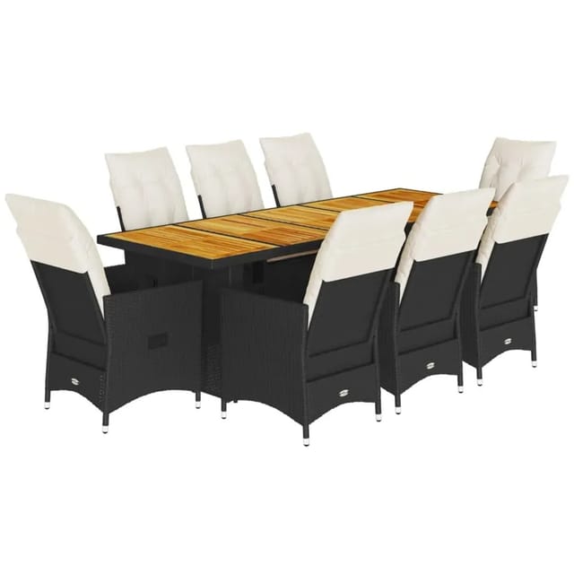 vidaXL 9-Tlg Garten-Bistro-Set mit Kissen Schwarz Poly Rattan 3277231