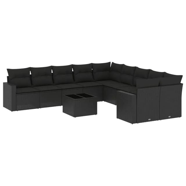 vidaXL 11-Tlg Garten-Sofagarnitur mit Kissen Schwarz Poly Rattan 3219505