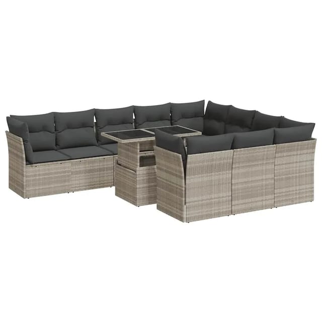 vidaXL 11-Tlg Garten-Sofagarnitur mit Kissen Hellgrau Poly Rattan 3326233