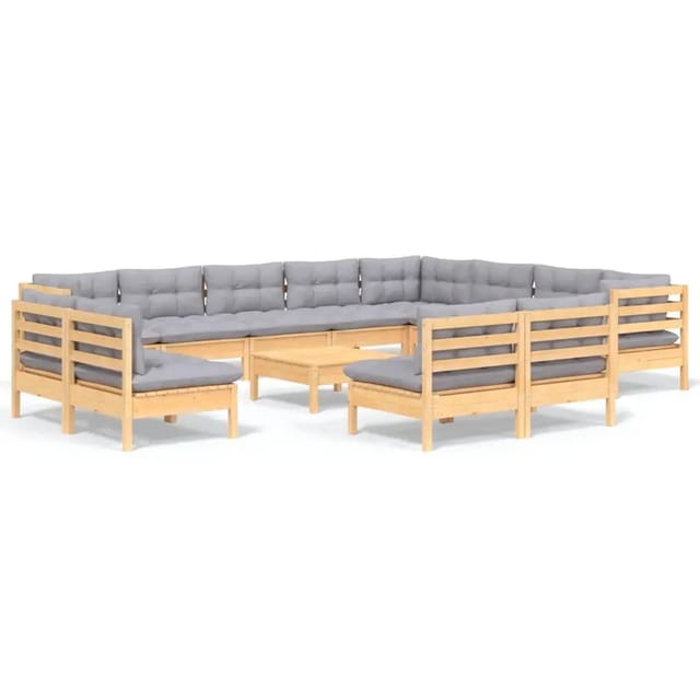 vidaXL 13-Tlg Garten-Lounge-Set mit Grauen Kissen Massivholz Kiefer 3096880