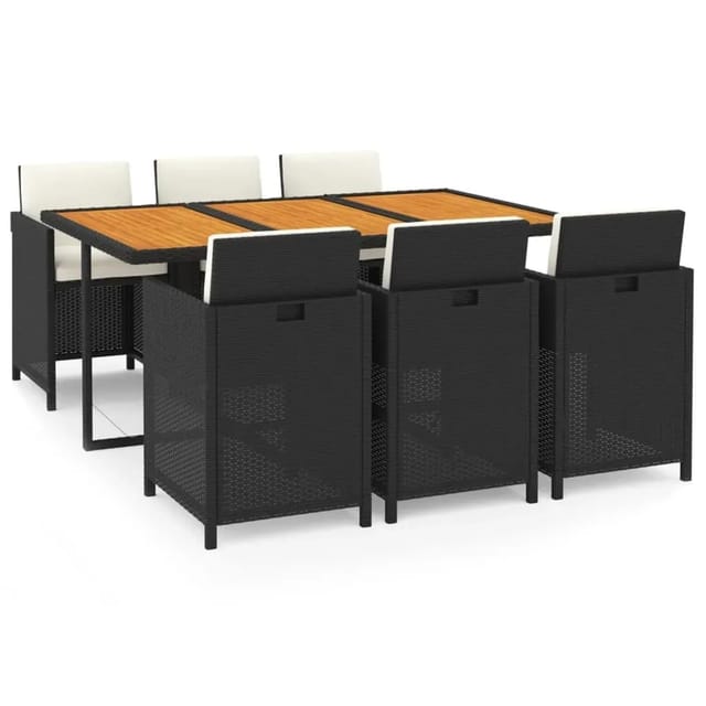 vidaXL 7-Tlg Garten-Essgruppe mit Kissen Poly Rattan Schwarz 3095545