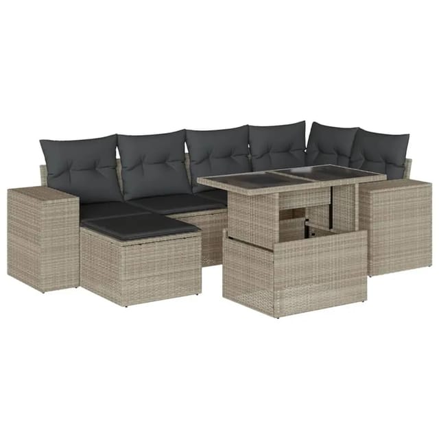 vidaXL 7-Tlg Garten-Sofagarnitur mit Kissen Hellgrau Poly Rattan 3269312