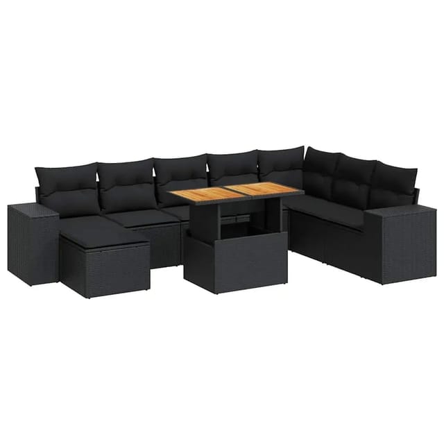 vidaXL 9-Tlg Garten-Sofagarnitur mit Kissen Schwarz Poly Rattan 3327408