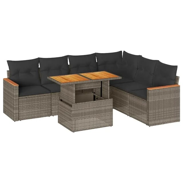 vidaXL 7-Tlg Garten-Sofagarnitur mit Kissen Grau Poly Rattan Akazie 3327497