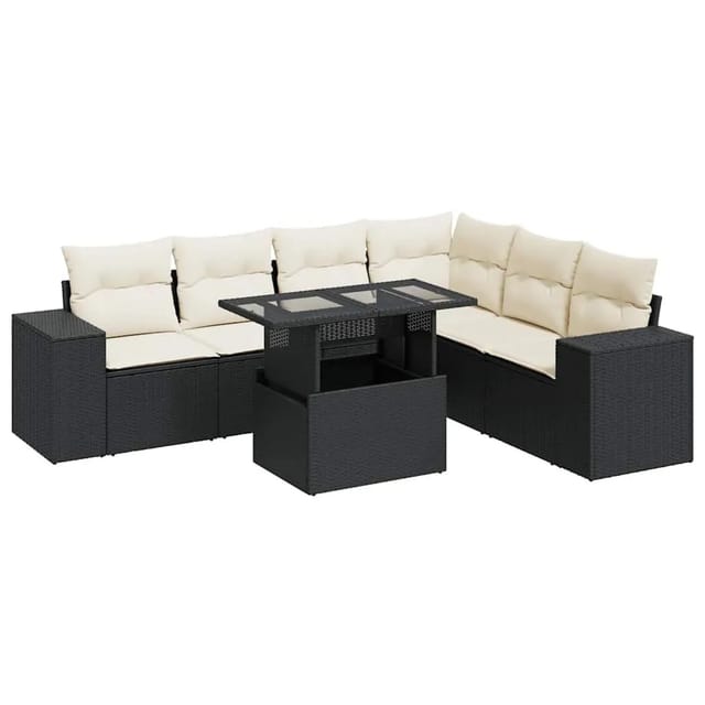 vidaXL 7-Tlg Garten-Sofagarnitur mit Kissen Schwarz Poly Rattan 3326807