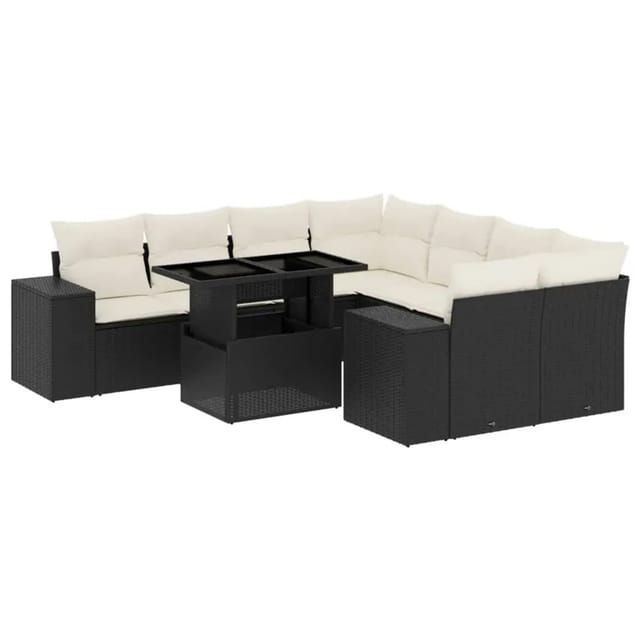 vidaXL 9-Tlg Garten-Sofagarnitur mit Kissen Schwarz Poly Rattan 3269056