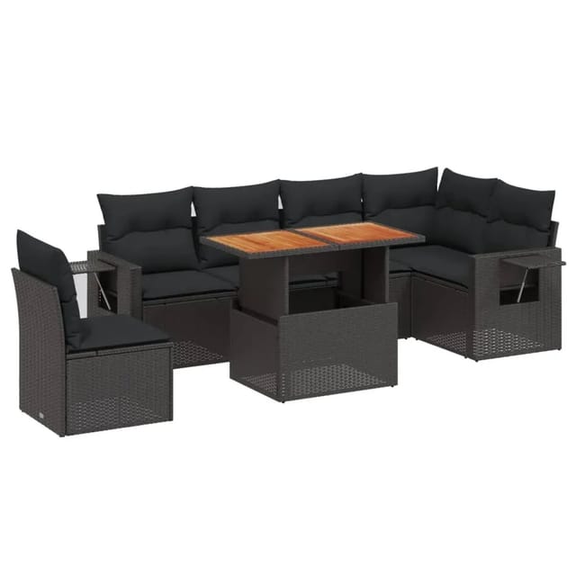 vidaXL 7-Tlg Garten-Sofagarnitur mit Kissen Schwarz Poly Rattan 3271776