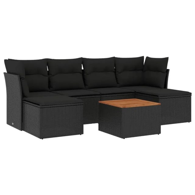 vidaXL 7-Tlg Garten-Sofagarnitur mit Kissen Schwarz Poly Rattan 3256097
