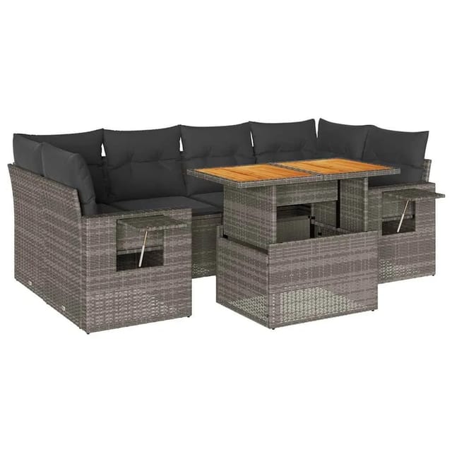 vidaXL 7-Tlg Garten-Sofagarnitur mit Kissen Grau Poly Rattan 3327119