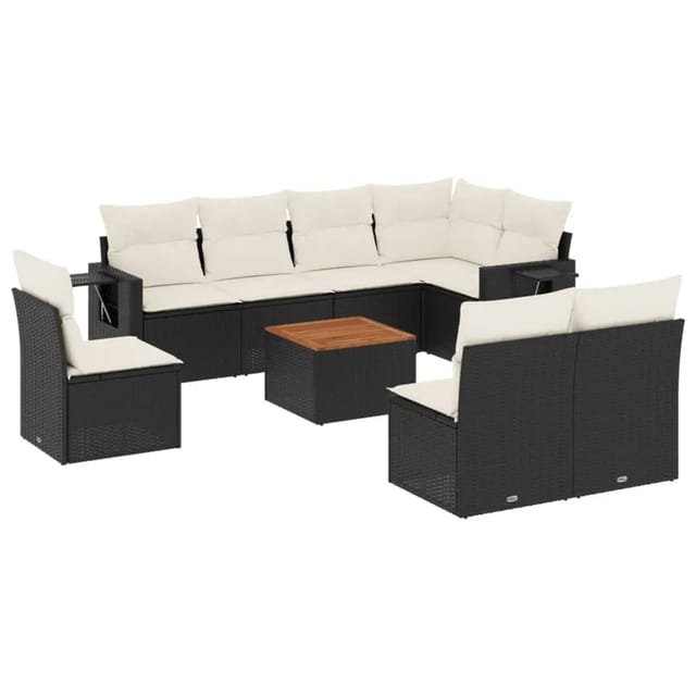vidaXL 9-Tlg Garten-Sofagarnitur mit Kissen Schwarz Poly Rattan 3256931