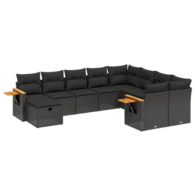 vidaXL 10-Tlg Garten-Sofagarnitur mit Kissen Schwarz Poly Rattan 3227154