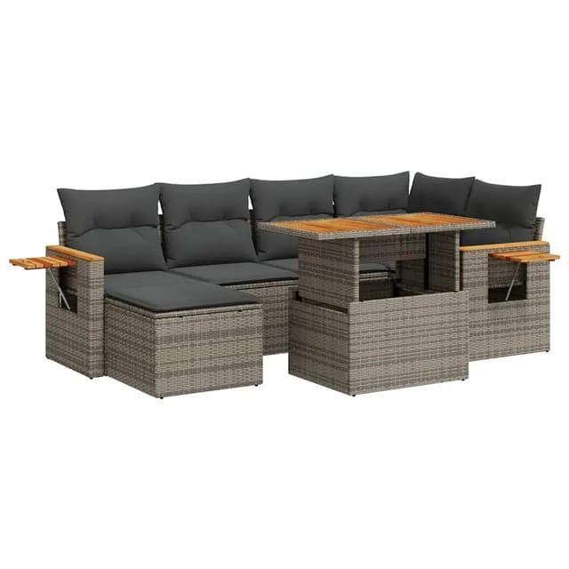 vidaXL 7-Tlg Garten-Sofagarnitur mit Kissen Grau Poly Rattan Akazie 3327623