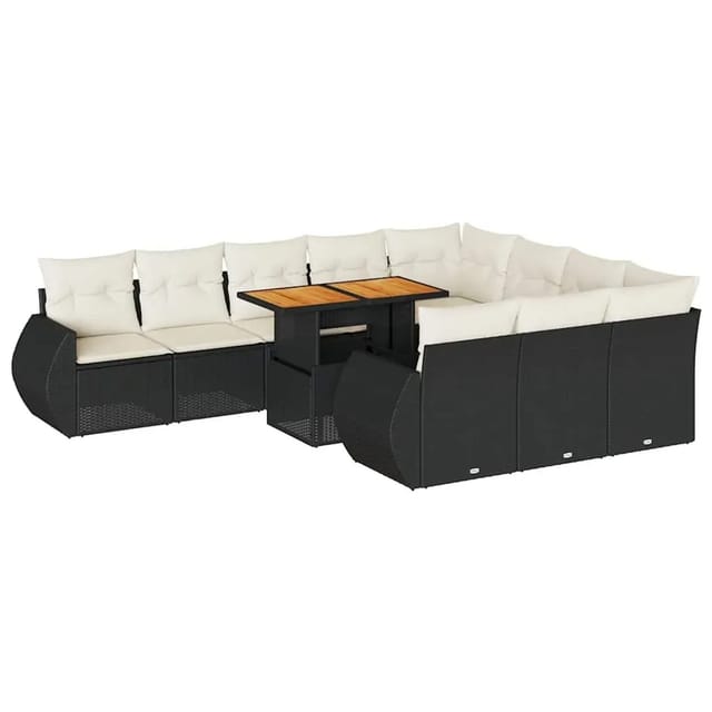 vidaXL 11-Tlg Garten-Sofagarnitur mit Kissen Schwarz Poly Rattan 3327311