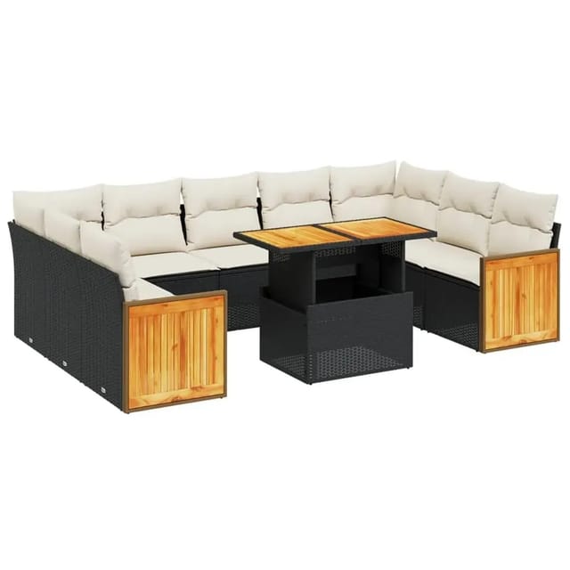 vidaXL 10-Tlg Garten-Sofagarnitur mit Kissen Schwarz Poly Rattan 3274101