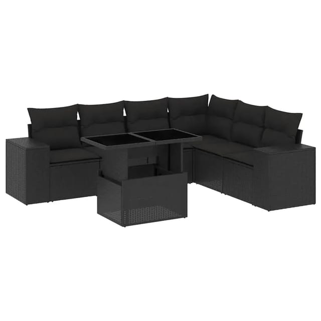 vidaXL 7-Tlg Garten-Sofagarnitur mit Kissen Schwarz Poly Rattan 3269185