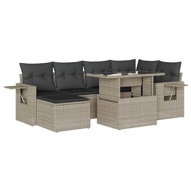 vidaXL 7-Tlg Garten-Sofagarnitur mit Kissen Hellgrau Poly Rattan 3268052