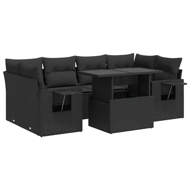 vidaXL 7-Tlg Garten-Sofagarnitur mit Kissen Schwarz Poly Rattan 3326426