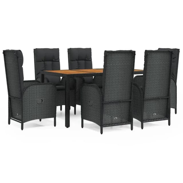 vidaXL 7-Tlg Garten-Essgruppe mit Kissen Schwarz Poly Rattan 3185071