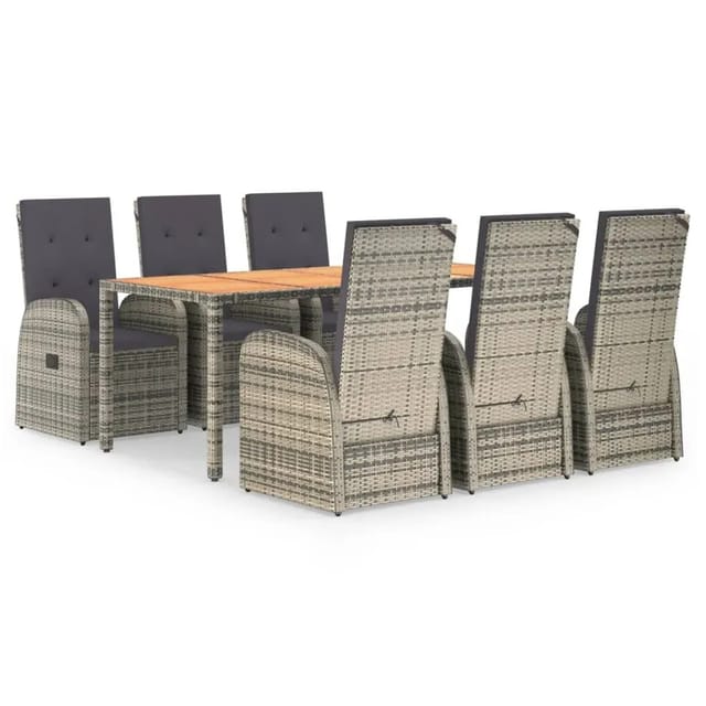 vidaXL 7-Tlg Garten-Essgruppe mit Kissen Grau Poly Rattan 3157588