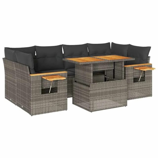 vidaXL 7-Tlg Garten-Sofagarnitur mit Kissen Grau Poly Rattan Akazie 3327567