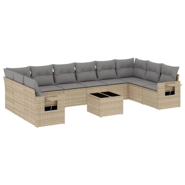 vidaXL 11-Tlg Garten-Sofagarnitur mit Kissen Beige Poly Rattan 3253016