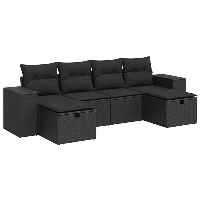 vidaXL 6-Tlg Garten-Sofagarnitur mit Kissen Schwarz Poly Rattan 3325721