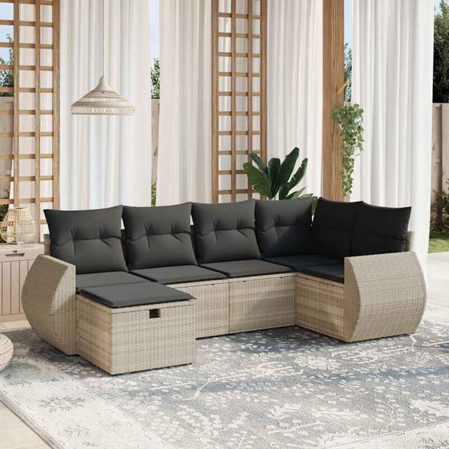 vidaXL 6-Tlg Garten-Sofagarnitur mit Kissen Hellgrau Poly Rattan 3264108