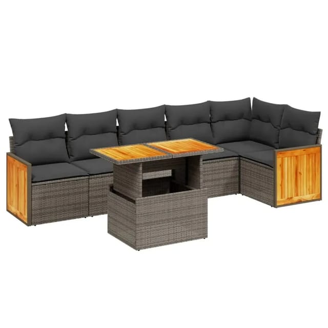 vidaXL 7-Tlg Garten-Sofagarnitur mit Kissen Grau Poly Rattan 3273972