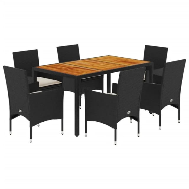 vidaXL 7-Tlg Garten-Essgruppe mit Kissen Schwarz Poly Rattan Akazie 3278666