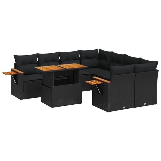 vidaXL 9-Tlg Garten-Sofagarnitur mit Kissen Schwarz Poly Rattan 3273442