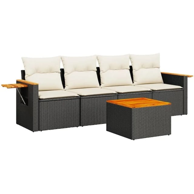 vidaXL 5-Tlg Garten-Sofagarnitur mit Kissen Schwarz Poly Rattan 3226616