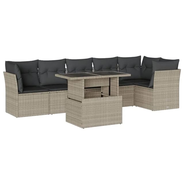 vidaXL 7-Tlg Garten-Sofagarnitur mit Kissen Hellgrau Poly Rattan 3266602
